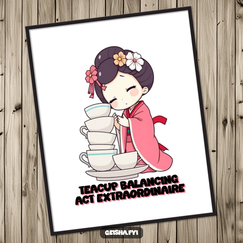 Funny Free Printable Wall Art: Comedic Geisha Doll artfully attempting to balance a precarious stack of teacups.