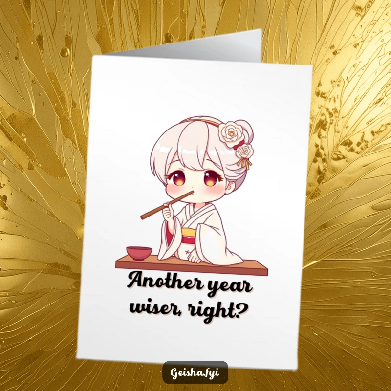 Funny Free Printable Birthday Card: A geisha character playfully balancing chopsticks precariously on her nose. Humorous downloadable gift.