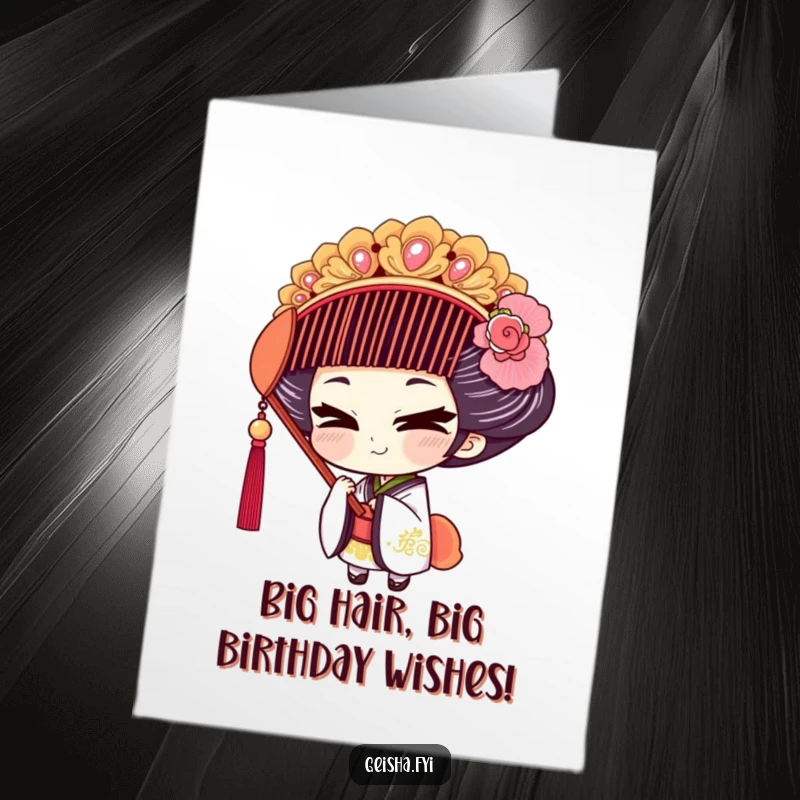 Funny Free Printable Geisha Birthday Card: A geisha with a mischievous grin tries on a comically oversized, ornate comb.