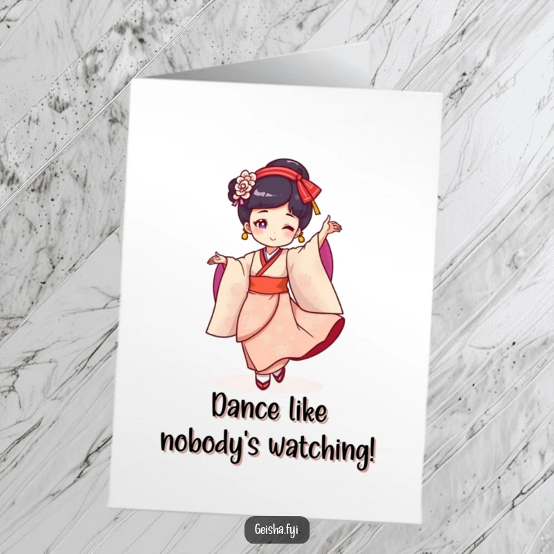 Funny free printable birthday card of a cheerful geisha doing a lively twirling dance, spreading joy and laughter for a special occasion.