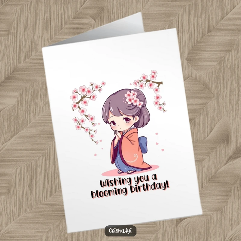 Elegant Free Printable Birthday Card featuring a geisha character gracefully bowing amidst falling cherry blossoms, conveying serene wishes.