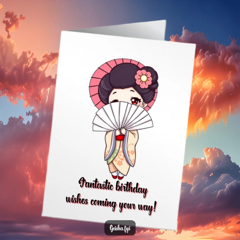Funny Free Printable Geisha Birthday Card: Elegant geisha holds giant fan, ready for a laugh.