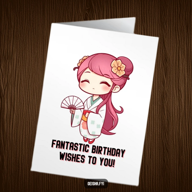 Funny free printable geisha birthday card, a winking geisha character waves a patterned fan, playful greeting card.