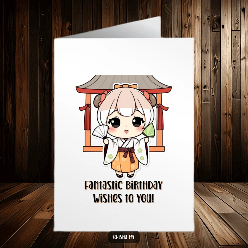 Funny Free Printable Birthday Card: Adorable kawaii character in traditional Japanese attire playfully tossing a decorative fan, celebrating a birthday.