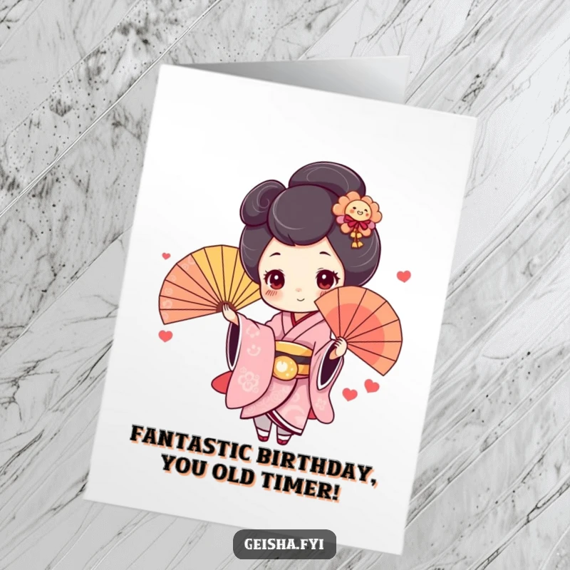 Funny Free Printable Birthday Card featuring a cute geisha with rosy cheeks throwing a colorful fan with a joyful expression.