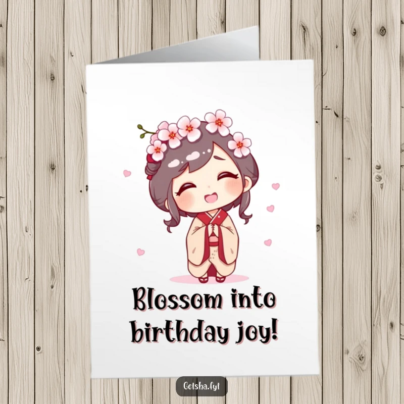 Funny Free Printable birthday card: a geisha giggling as a cherry blossom gently falls on her head, celebrating happiness.