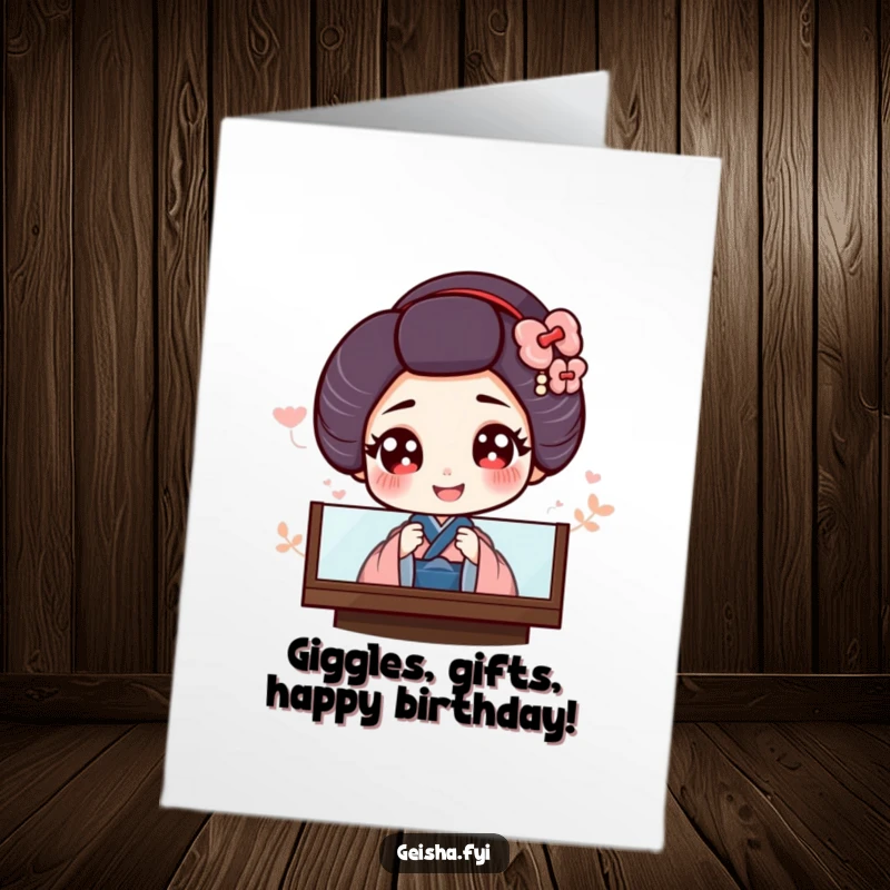 Funny Free Printable Birthday Card: A giggling geisha with large, expressive eyes peeks playfully from behind a decorative screen.