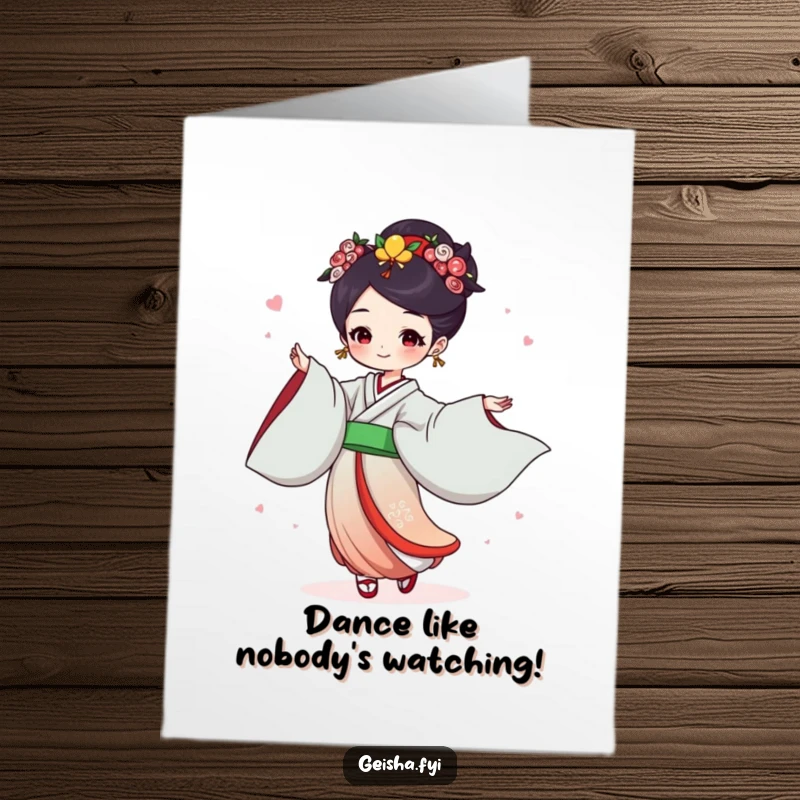 Funny Free Printable Birthday Card: a geisha dances with pure joy, her sleeves flowing dynamically, celebrating happily.
