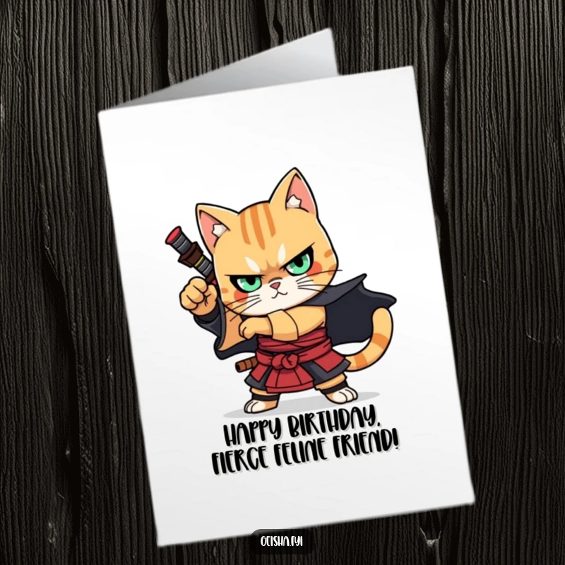 Funny Free Printable Birthday Card: A determined samurai cat character in a dramatic, action-ready pose, looking fierce.
