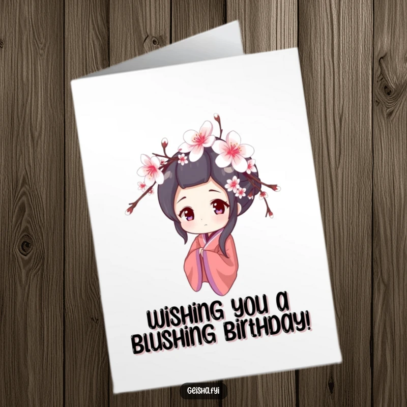 Funny Free Printable birthday card featuring a shy geisha character peeking coyly from behind a cherry blossom branch, wishing a happy day.