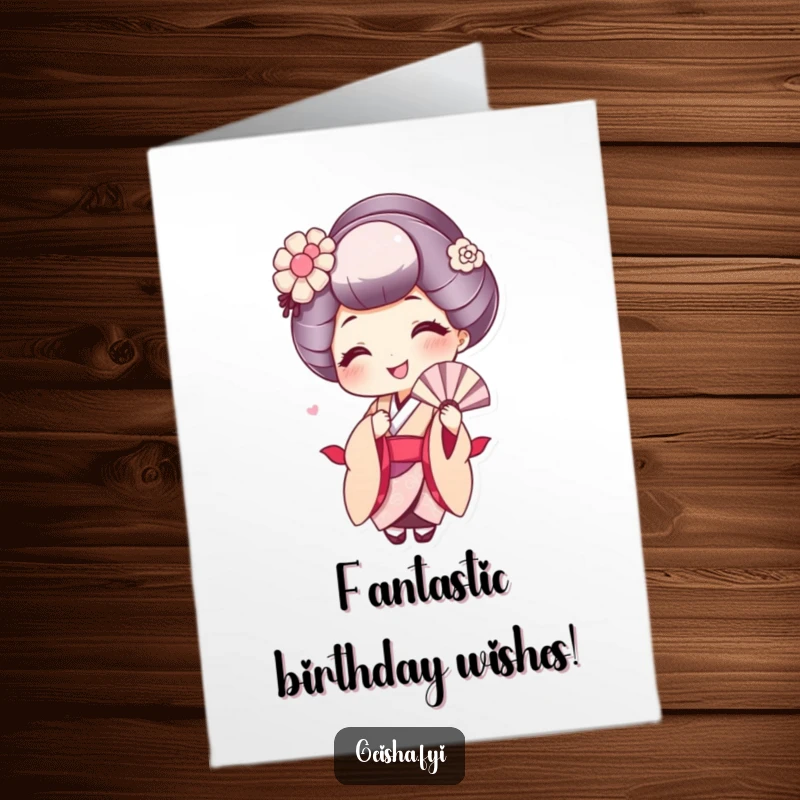 Funny Free Printable birthday card: a cute geisha with a wide smile playfully fanning herself, conveying joy and celebration.