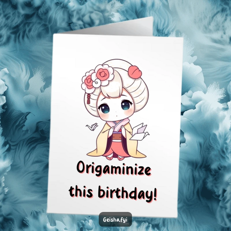 Funny Free Printable Birthday Card: Surprised geisha marvels at a tiny, adorable origami crane, adding humor to your DIY greeting.