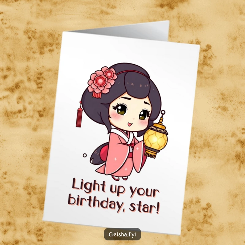 Funny Free Printable Birthday Card: a geisha with a playful wink holds a shimmering lantern, wishing a joyful birthday.
