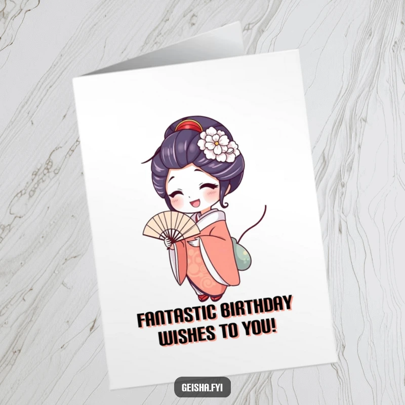Funny Free Printable Birthday Card: A geisha with a delighted expression holds a beautiful fan, smiling.