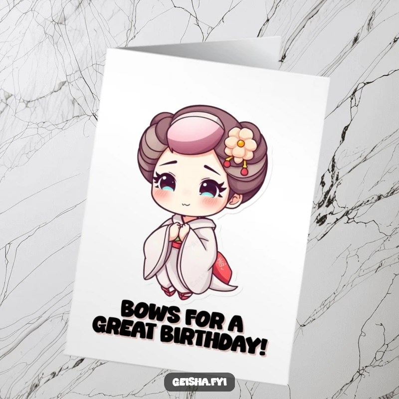 Funny Free Printable Geisha Birthday Card: Geisha character with delicate makeup bowing cheerfully, celebrating a happy birthday.