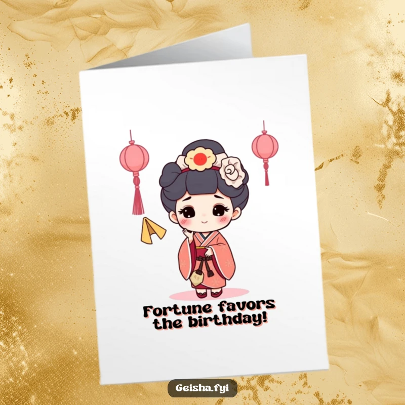 Funny Free Printable Geisha Birthday Card: Geisha character happily tossing a fortune cookie, celebrating a birthday with playful humor.