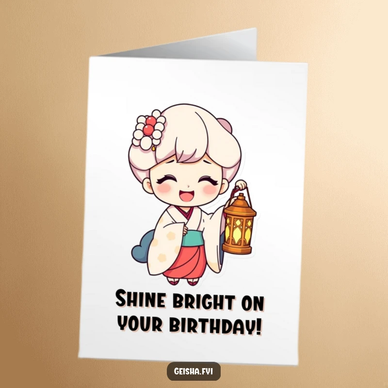 Funny Free Printable Birthday Card: A geisha holds a glowing lantern, revealing a face filled with infectious laughter.