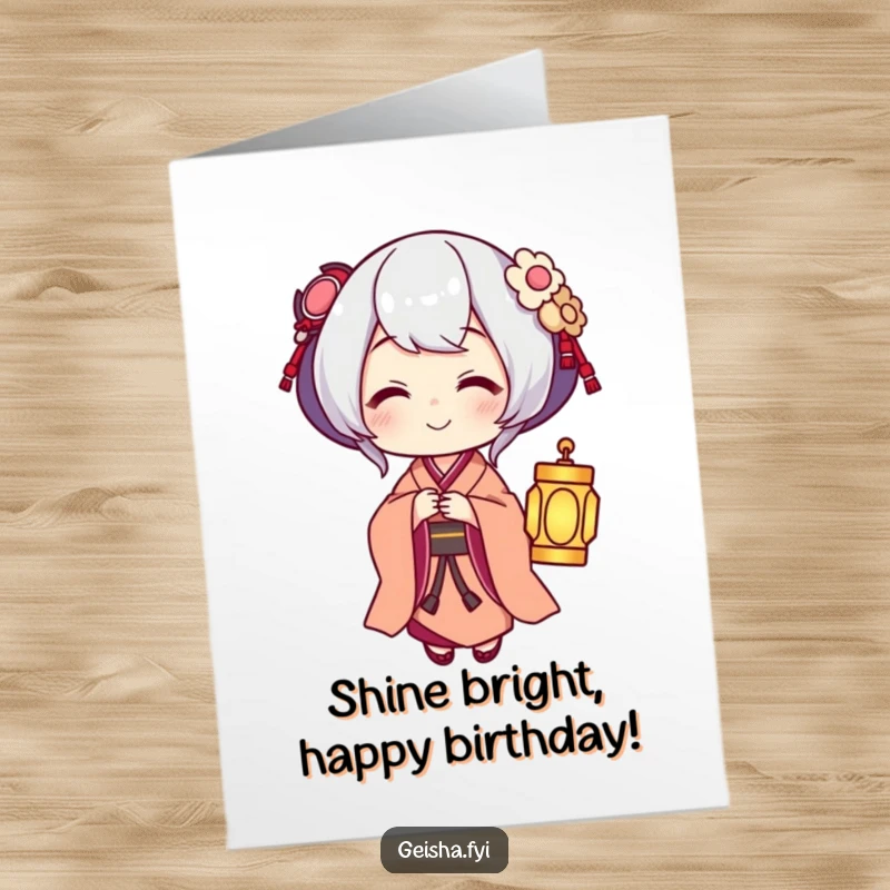 Funny Free Printable Geisha Birthday Card, offering a small glowing lantern with a warm smile, illuminating downloadable gift.