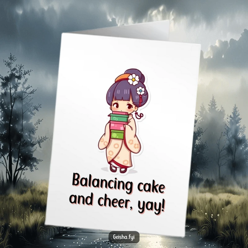 Funny Free Printable Geisha Birthday Card: Geisha balances colorful boxes, a humorous and charming birthday wish.