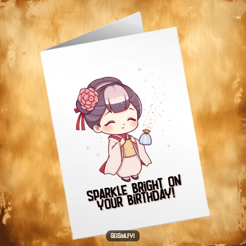 Funny Free Printable Geisha Birthday Card: Playful geisha sprinkles glitter, adding sparkle and humor to the occasion.