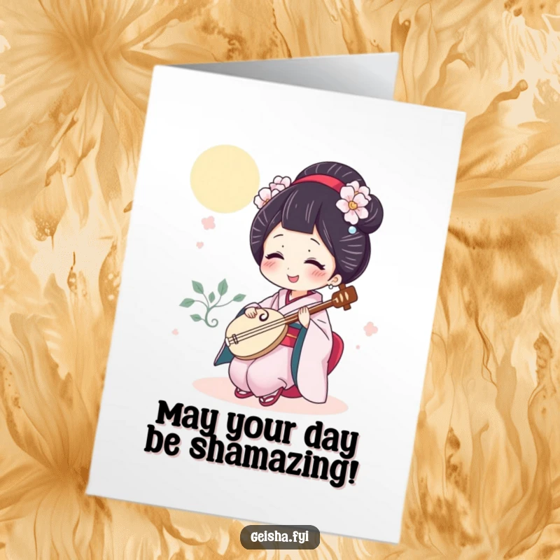 Funny Free Printable Birthday Card: Giggling geisha strumming a miniature shamisen with pure glee.