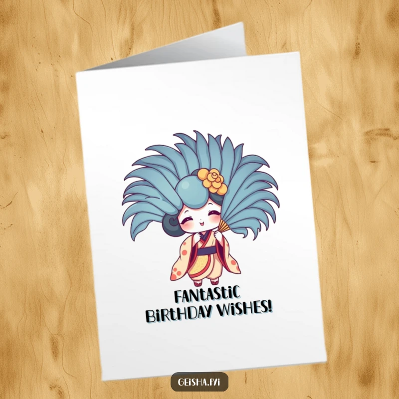 Funny Free Printable Birthday Card: Playful Geisha Fan character humorously fanning itself with an oversized feather.