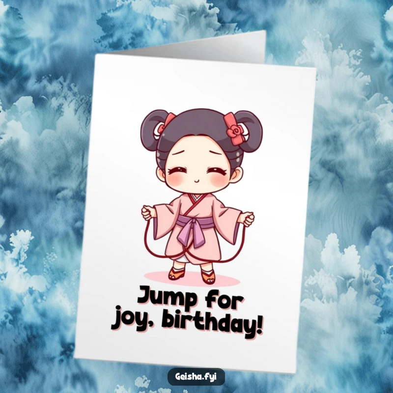 Funny Free Printable Birthday Card: Mischievous Geisha Obi character playfully acting as a jump rope, ready for action.