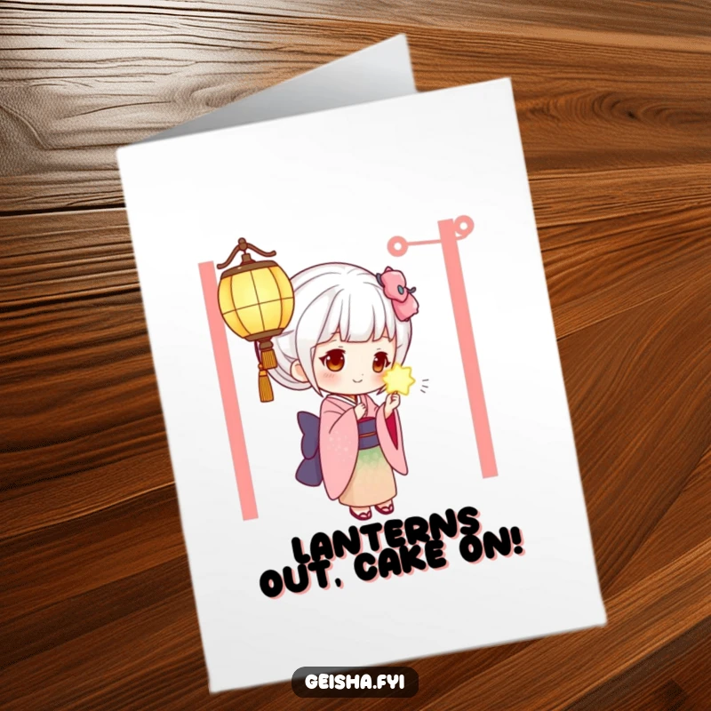 Funny free printable geisha card, a curious geisha peers at a glowing lantern, perfect for birthdays.