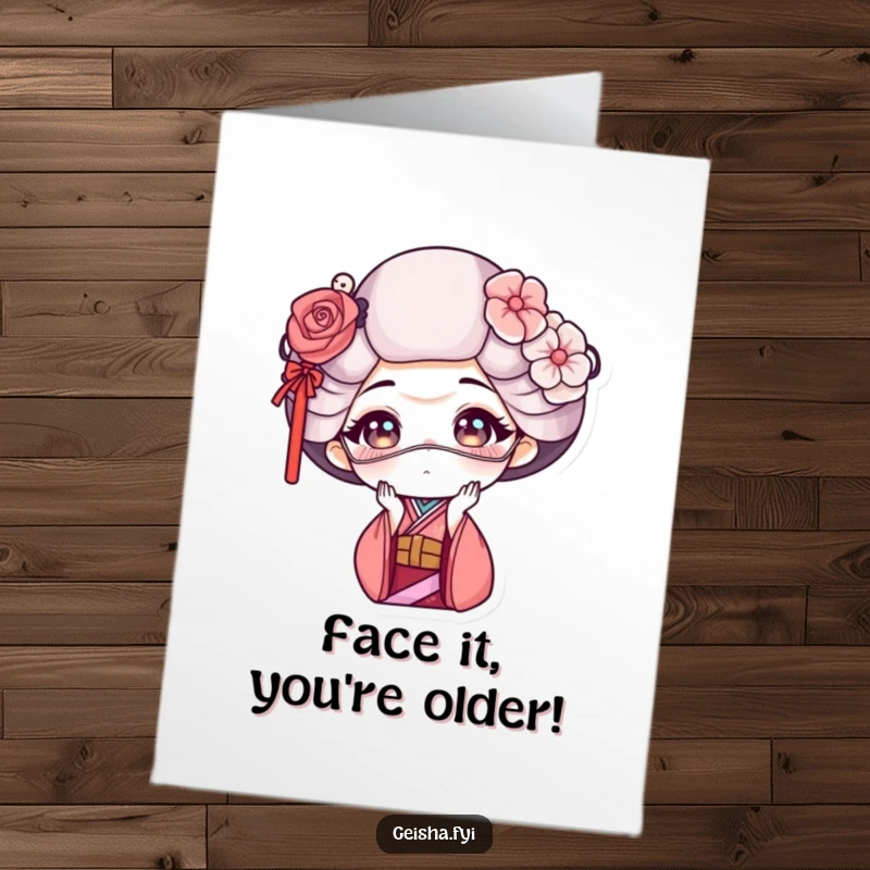 Funny Free Printable Birthday Card: A geisha character pulling a hilarious funny face while wearing a delicate mask. Downloadable humor.