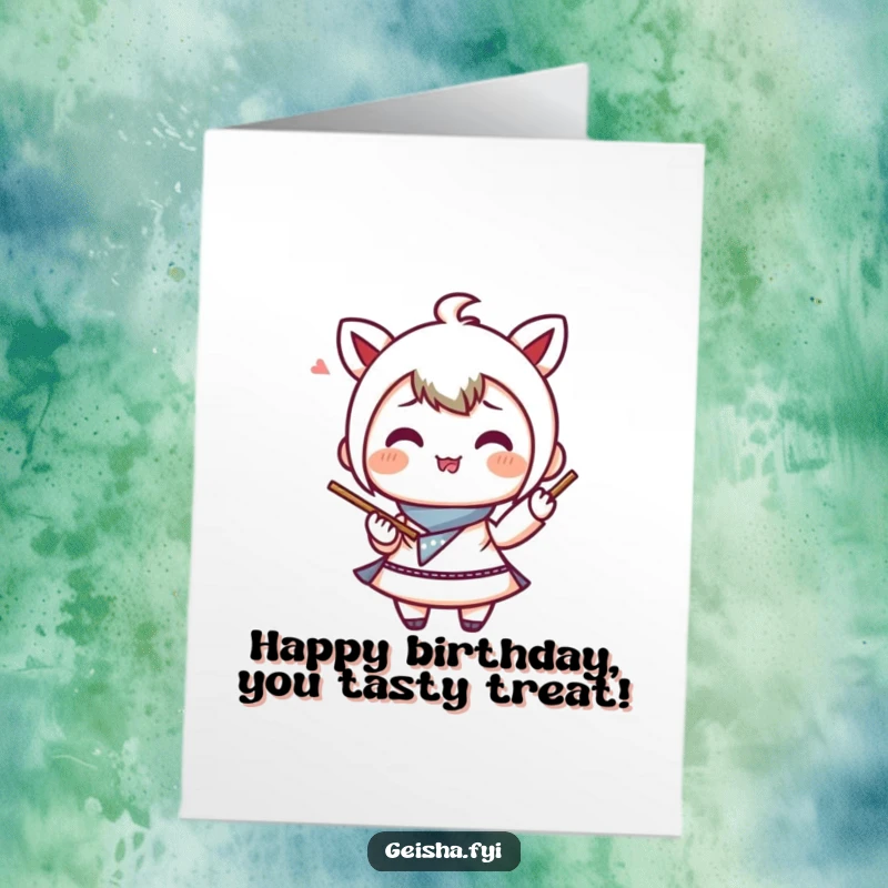 Funny Free Printable Birthday Card: A gleeful bento box character joyfully juggling two wooden chopsticks with a big smile.