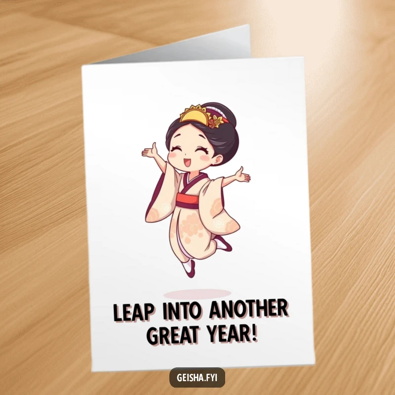 Funny Free Printable Birthday Card: A geisha performs a tiny, exuberant leap, full of pure joy.