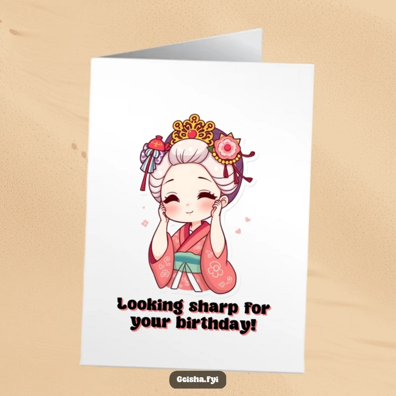 Funny Free Printable Geisha Birthday Card: a geisha smiles while adjusting her ornate hair accessory. Perfect DIY gift.