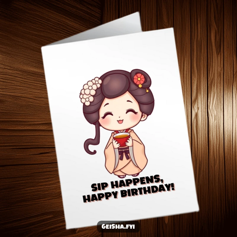 Funny Free Printable geisha smiling sweetly holding tiny tea cup for a birthday card, elegant and humorous downloadable art.