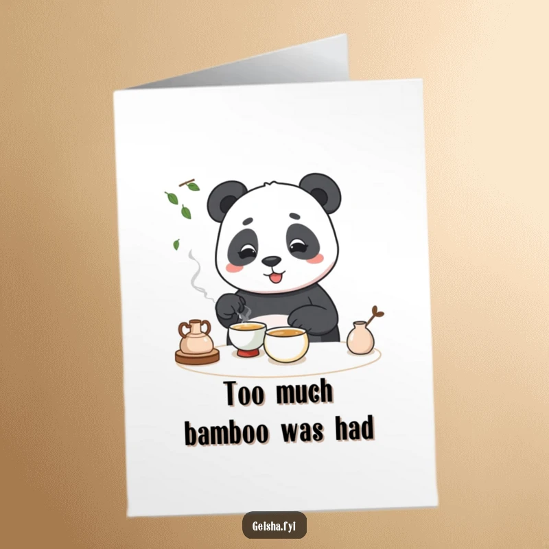 Funny Free Printable birthday card featuring a clumsy panda failing at a tea ceremony with a big grin.