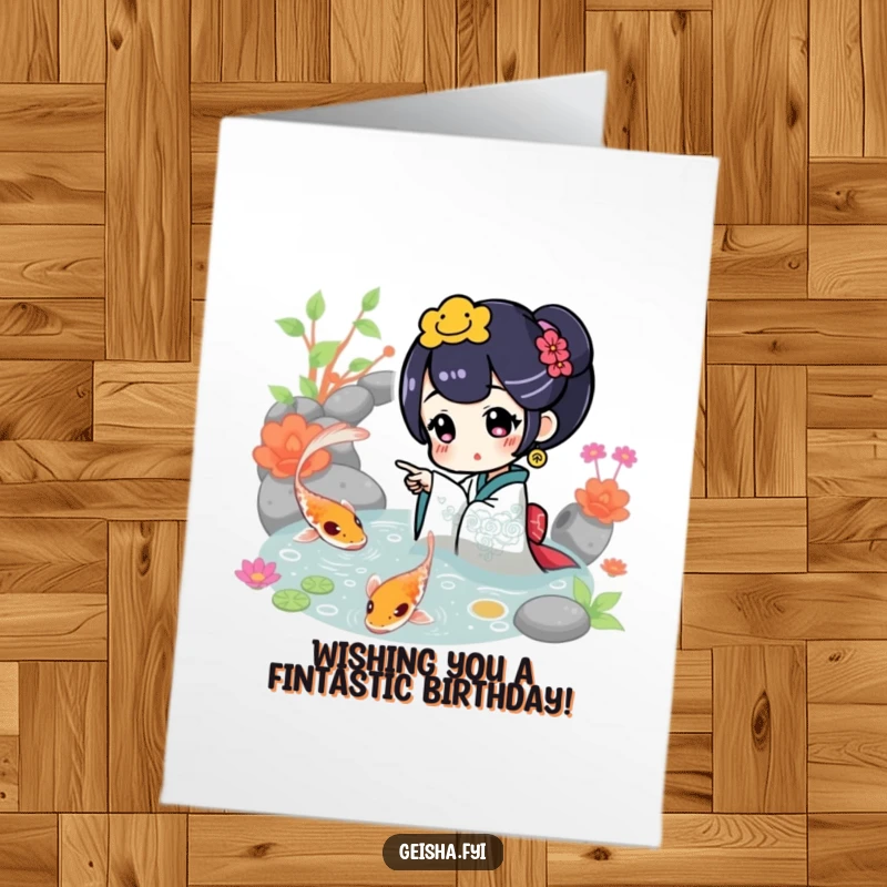Funny Free Printable Birthday Card: A geisha excitedly points at a beautiful, vibrant koi fish swimming in a peaceful pond.