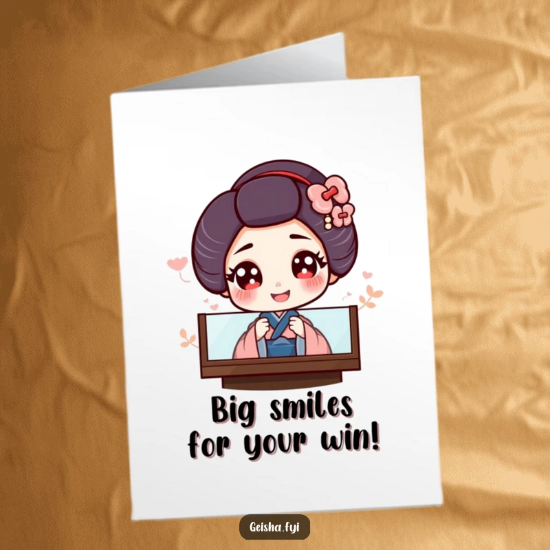 Funny Free Printable Congrats Card: A wide-eyed geisha giggles softly as she peeks from behind a traditional Japanese screen.