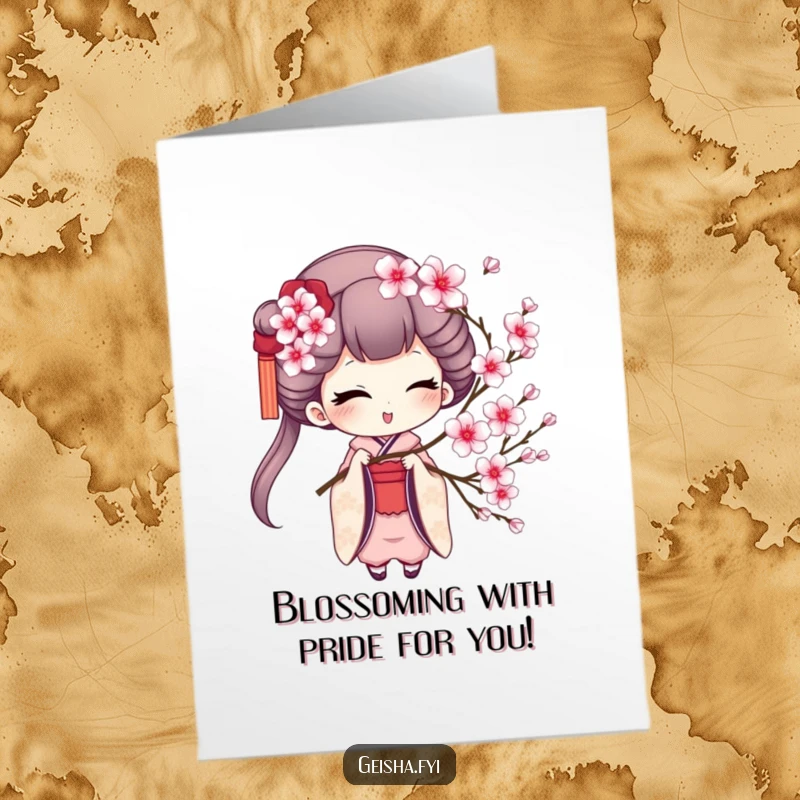 Funny Free Printable Congratulations Card: A geisha character giving a knowing wink while gently holding a beautiful cherry blossom sprig. Downloadable art.