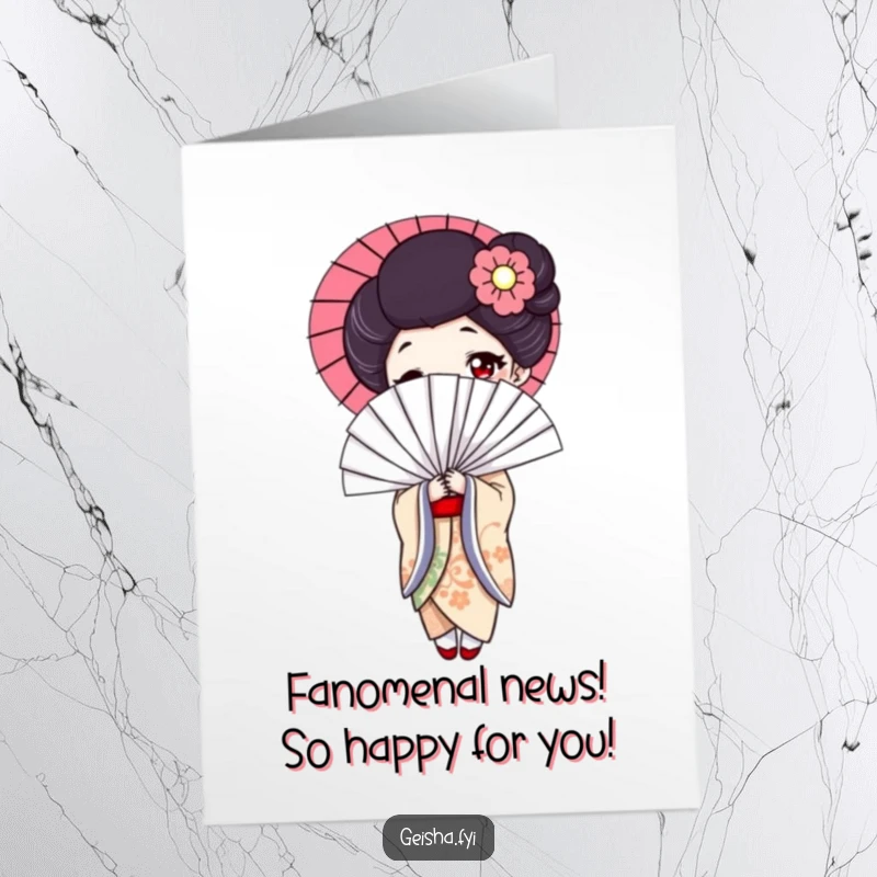 Printable Free Geisha Congratulations Card: Woman with large fan smiling, perfect for celebrating any win.