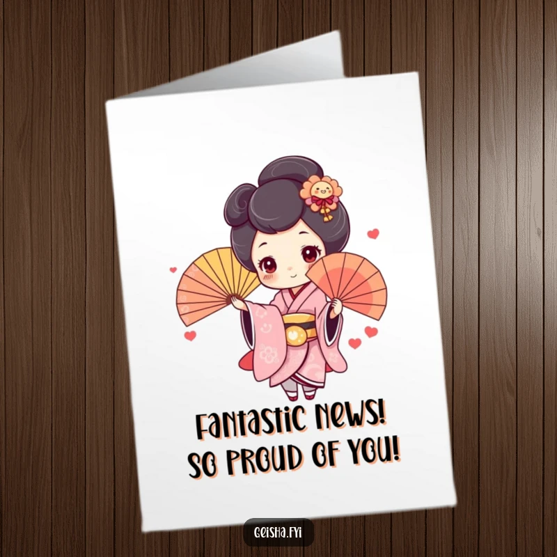Funny Free Printable Congratulations Card: a cute geisha with rosy cheeks joyfully tosses a vibrant fan, celebrating success.