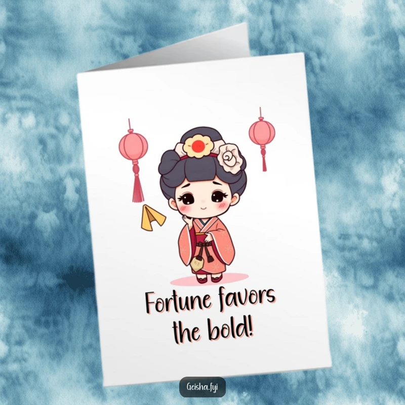 Funny Free Printable Geisha Congratulations Card: Geisha character happily tossing a fortune cookie, celebrating success with playful fortune.