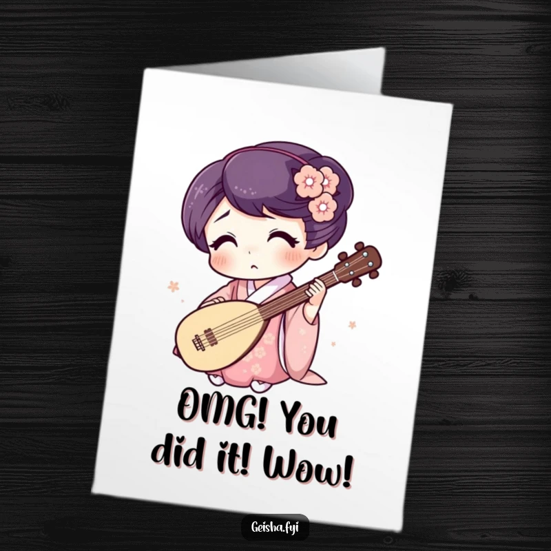 Funny Free Printable Congratulations Card: a geisha with a surprised expression plays a tiny shamisen, celebrating success with humor.