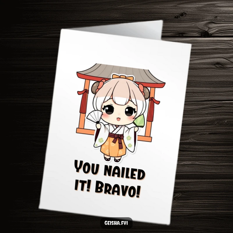 Funny Free Printable Congrats Card: Cute kawaii character in Japanese attire playfully tossing a fan, celebrating a wonderful accomplishment with charm.