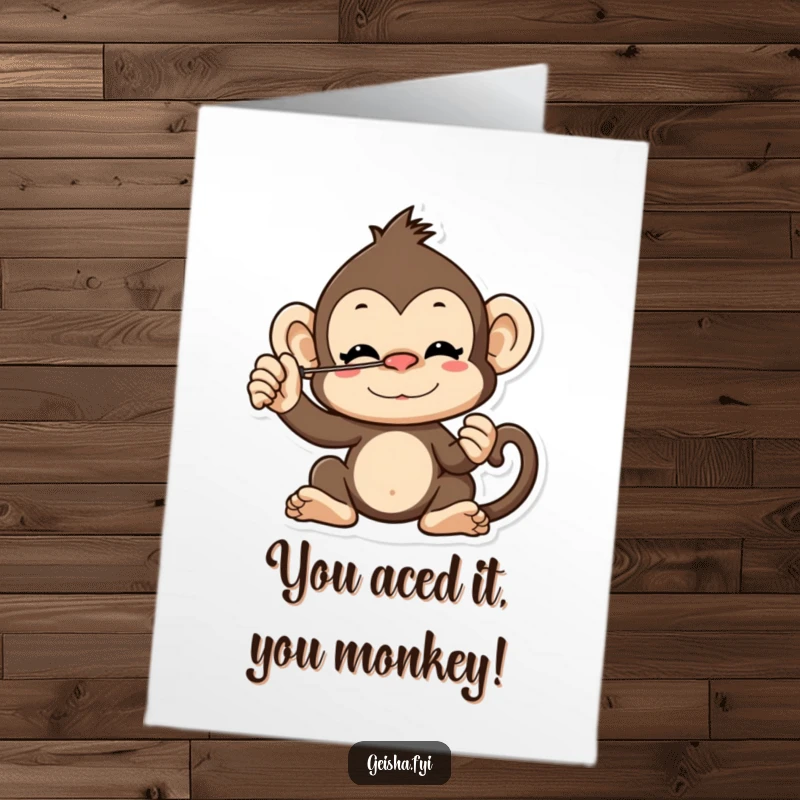 Funny Free Printable Congratulations Card: a cheeky monkey character making a valiant effort to balance a fan.