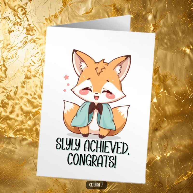 Funny Free Printable Congratulations Card: a delighted fox character playfully entangled with elegant silk sleeves.