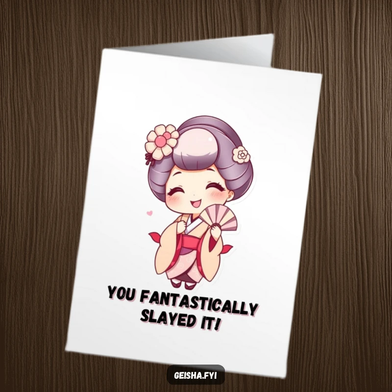 Funny Free Printable congratulations card: a cute geisha with a wide smile playfully fanning herself, celebrating good fortune.