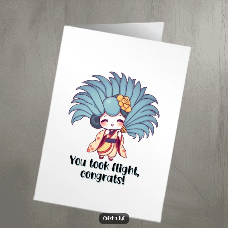 Funny Free Printable Congratulations Card: Playful Geisha Fan character fanning itself energetically with a comically large feather.