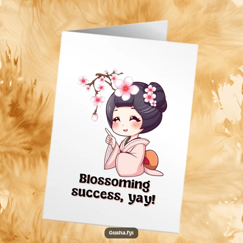 Free printable congratulations card featuring a geisha with a wide smile pointing at a falling cherry blossom, symbolizing new beginnings.