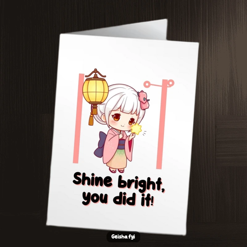 Funny free printable geisha congratulations card, a curious geisha examines a glowing lantern, unique celebration art.