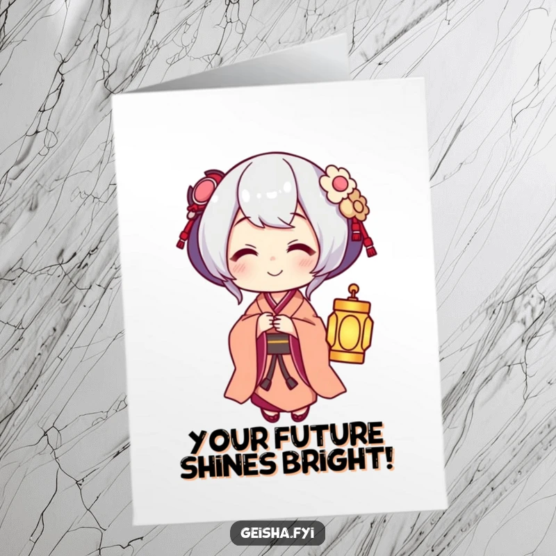 Funny Free Printable Geisha Congratulations Card, offering a glowing lantern with a warm smile, celebratory downloadable art.