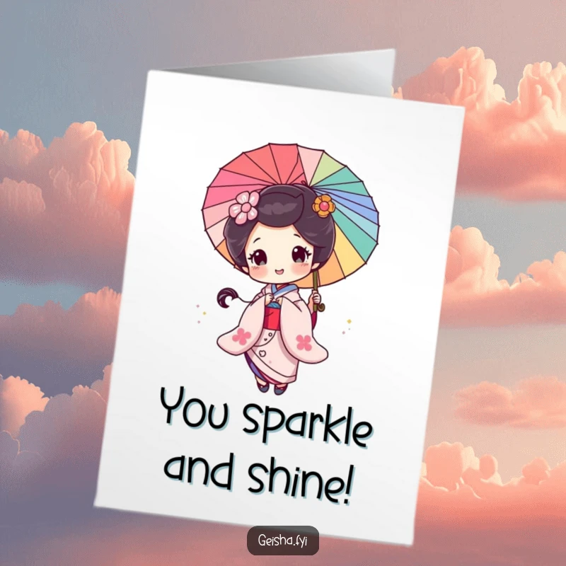 Funny Free Printable Geisha Congratulations Card: A geisha's parasol spins glitter, celebrating an exciting achievement with dazzling flair.